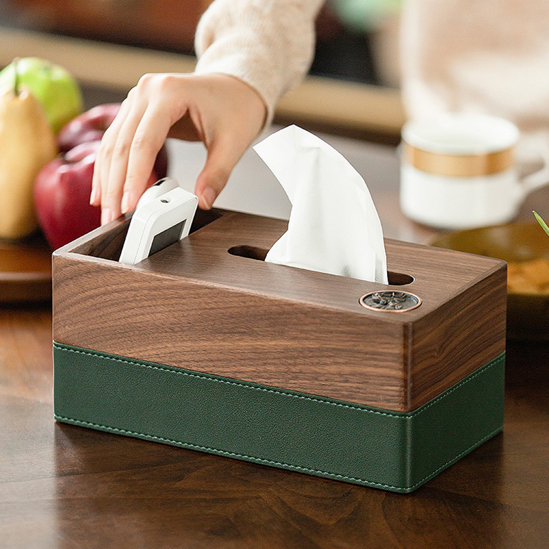 胡桃实木创意家用茶几客厅收w纳抽纸盒新中式简约木质皮纸巾盒摆