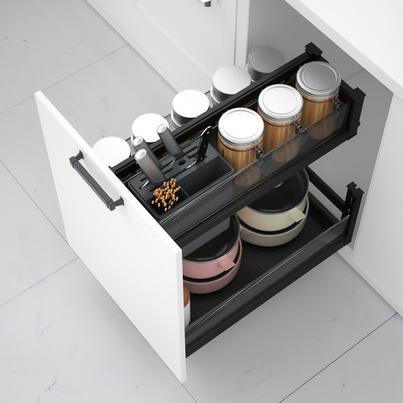 拉篮厨房橱柜小尺寸双层抽屉式调味篮铝合金碗碟调料篮内置收纳架,家装主材,拉篮,淘宝优惠券,粉丝福利购,淘宝优惠卷