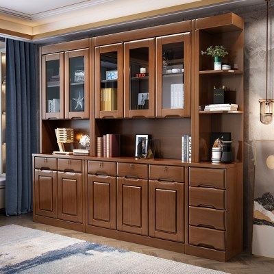 中式实木书柜书架靠墙落地带门边柜角柜五门收纳柜书房高柜置物架