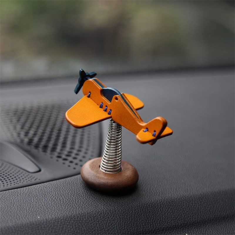 驭手工皮具原创 小飞机车内弹簧摆C件黑胡桃木底座 意大利头层牛