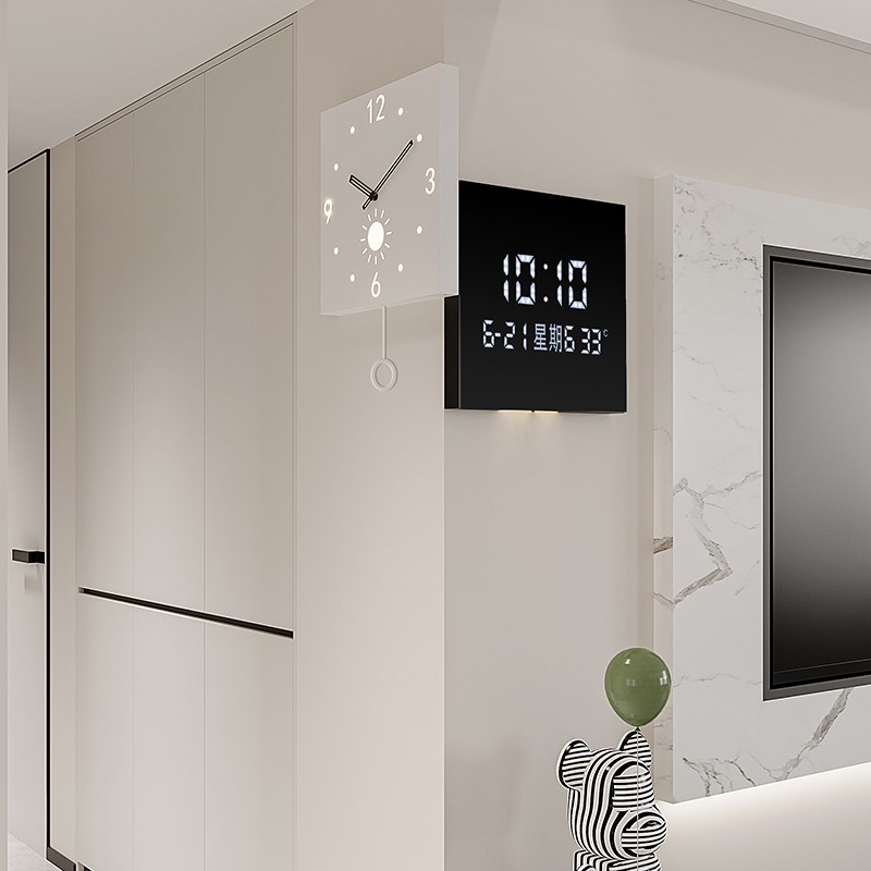 2025新款现代挂墙客厅拐角w双面挂钟家用转角时钟餐厅静音钟表挂