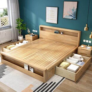 北欧实木床1.8米双人床1.5米单人小户储物床主卧现代简约婚床公寓