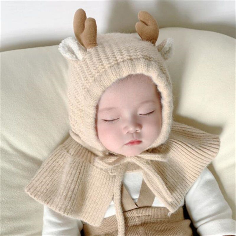 一体式连帽围巾婴儿帽子围巾一体帽秋冬季男女宝宝毛线帽可爱超萌