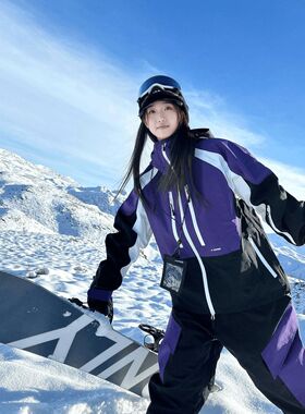 芙沿紫色滑雪服套装女2025秋冬新款户外专业防风防水情侣单板雪服