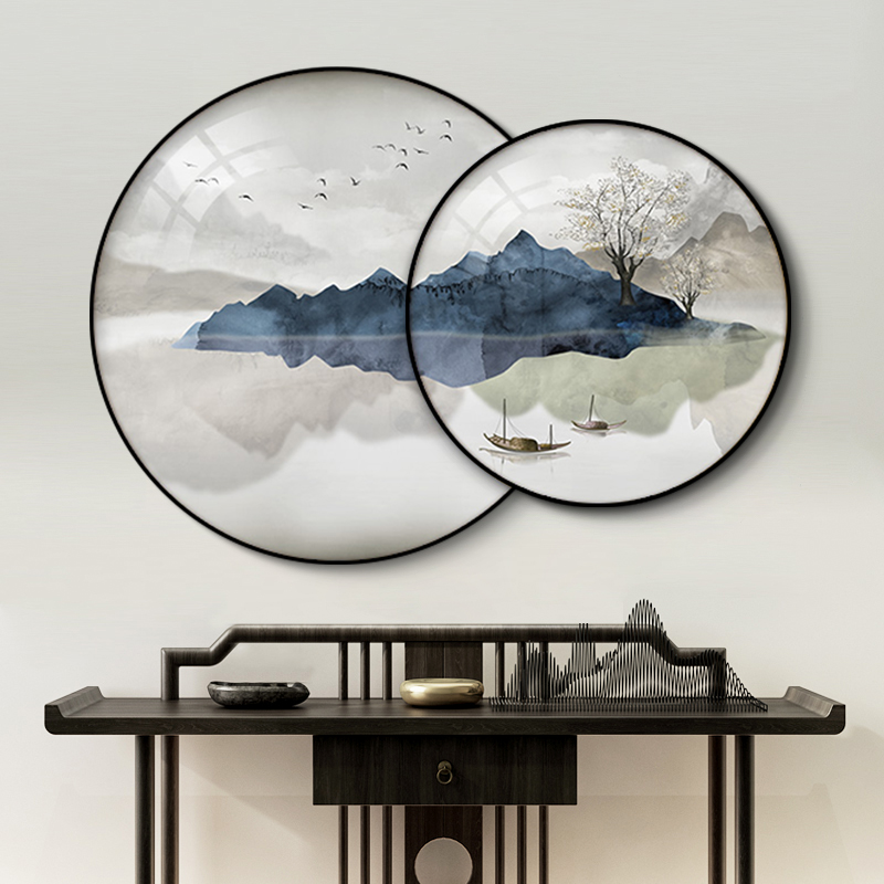 新中式圆形叠加装饰画入户玄关山水画客厅背景墙挂画茶室餐厅壁画