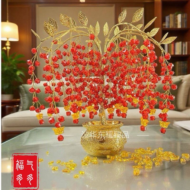 红色发财果摇钱树发财果客厅花束新居乔迁开业摆件仿真水晶花装饰