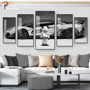 潮流客厅沙发背景墙装饰画轻奢汽车主题挂画大气五联组合画酒店