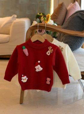 秋冬装中小童儿童圣诞节日上衣毛衣红色套头衫韩版卡通圆领针织衫