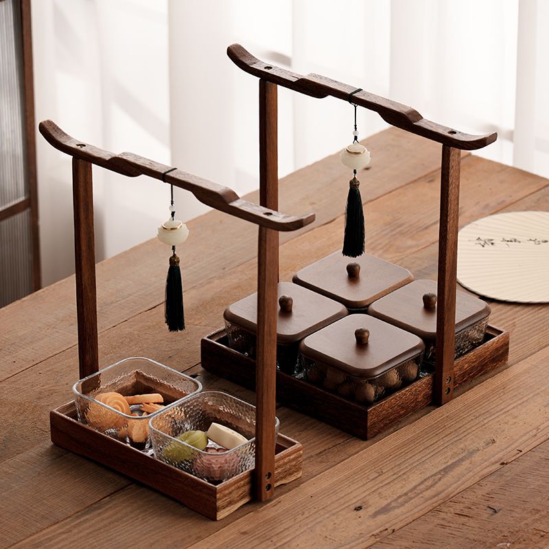 中古提梁果盘黑胡桃木家用客厅茶几分格点心糖果盒中式托盘中国风