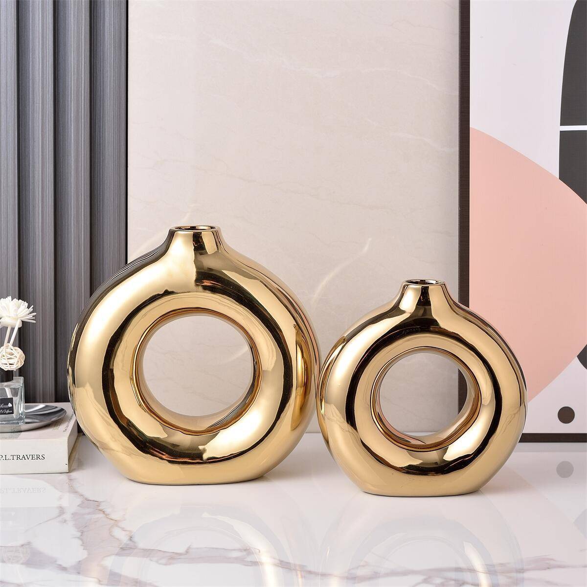 轻奢金银色电镀陶瓷花瓶花器家居工艺品艺术品摆件初月软装摆设