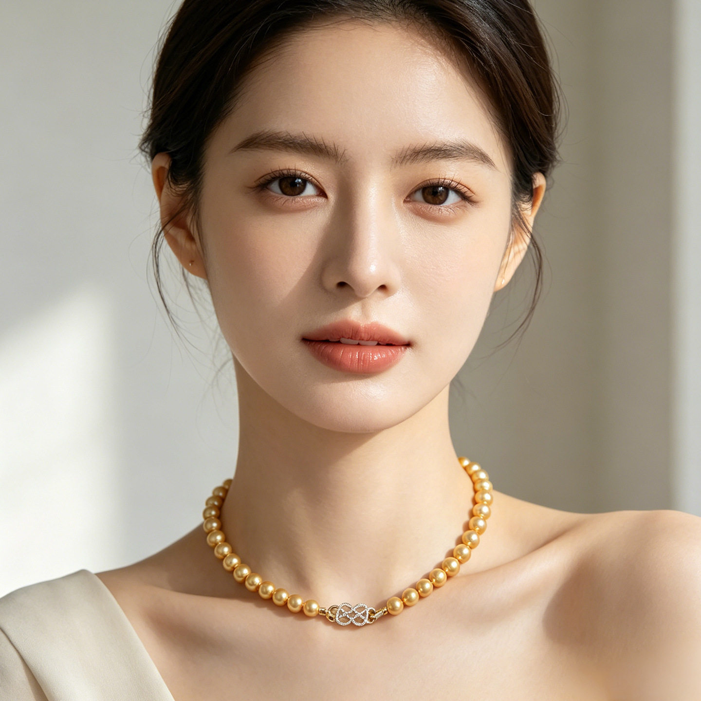 热巴同款珍珠项链女天然澳母贝珠南洋金色珠轻奢高级感双8回形扣