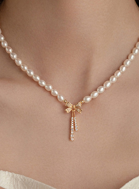 蝴蝶结天然淡水珍珠项链轻奢小众锁骨链配饰女高级感串珠颈链饰品