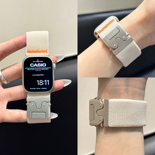 适用苹果手表表带iwatchs11表带舒适透气弹力编织降落伞扣applewatch10运动Ultra3腕带男官方扣弹扣夏替换带