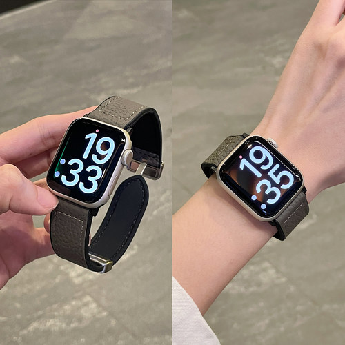 适用AppleWatchS11手表苹果s10表带iWatch9荔枝纹真皮9腕带女款s8磁吸Ultra3新款秋冬小众高级感SE男女腕带