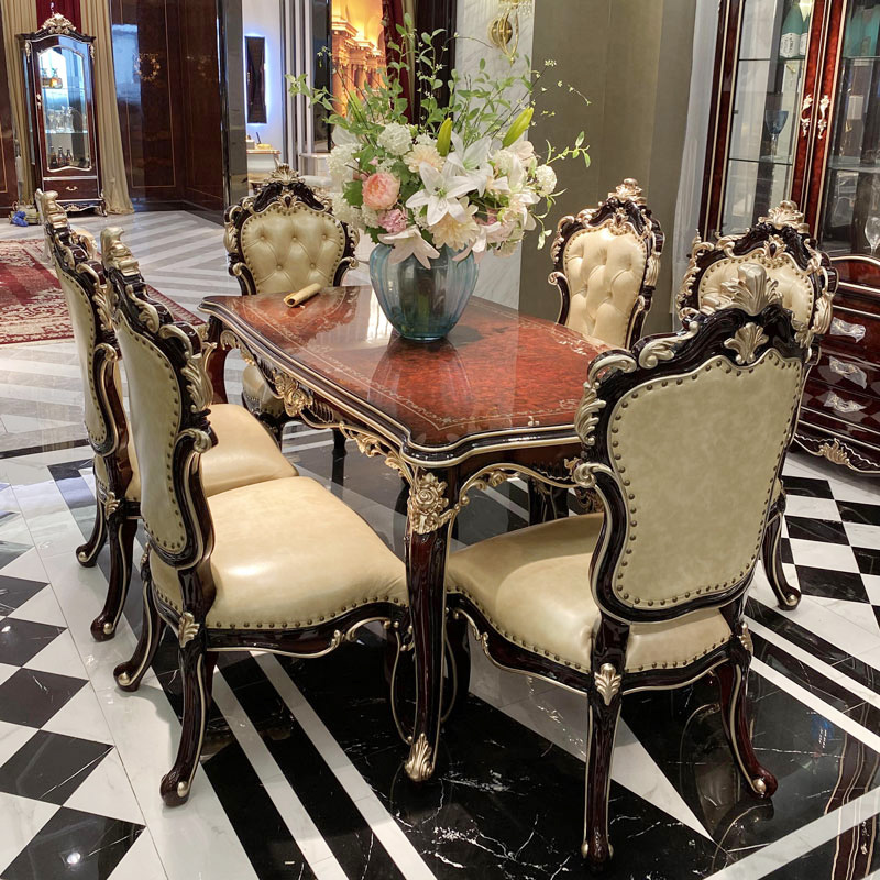 欧式实木雕花桌真皮椅组合餐桌椅