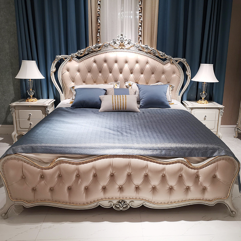 法式双人床真皮床1.8米欧式宫廷别墅奢华雕花婚床主卧实木床家具