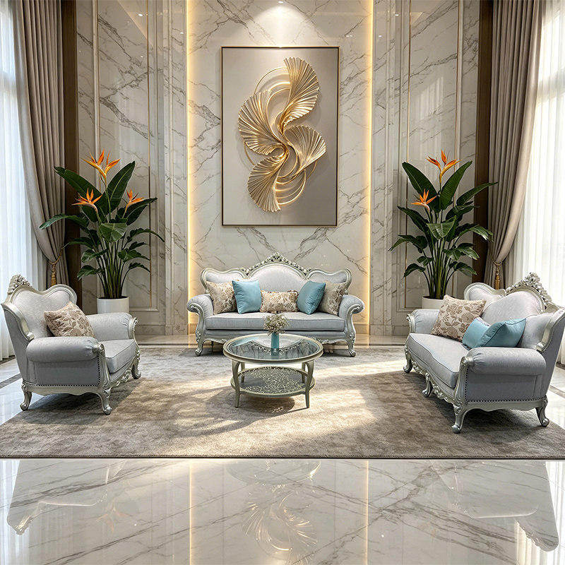 美式轻奢实木雕花布艺沙发欧式宫廷风客厅123组合实木沙发家具