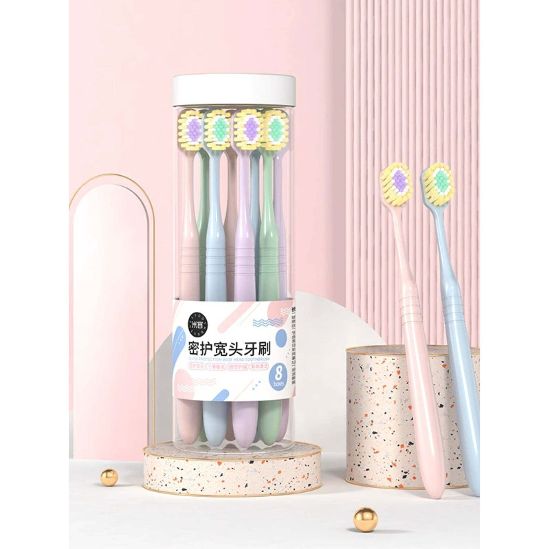 成人手动软毛牙刷家用宽刷头三重植毛三色磨尖丝深入清洁八支装