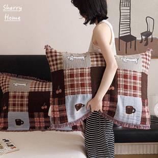 美式覆古酒红色千鸟格子纯棉纱布流苏枕头巾家用柔软吸汗垫巾床品