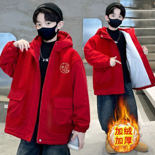 儿童拜年服男童冬季加绒羊羔厚外套205新款唐装秋红色毛衣