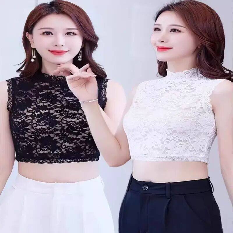 2025春夏高领蕾丝打底衫女修身洋派无袖内搭立领网纱背心秋冬加绒