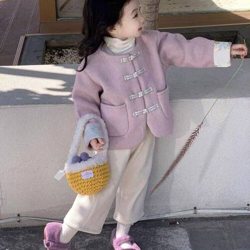 民国风女童2025秋冬新款紫色刺绣毛呢大衣中小童外套灯芯绒直筒裤