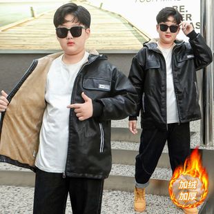 胖男孩子大童冬季皮衣外套加绒加厚夹棉冬装夹克宽松加肥加大上衣