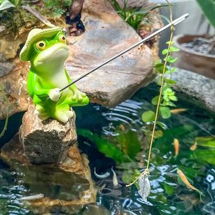 户外庭院花园装 饰品摆件鱼池假山造景树脂小青蛙钓鱼创意景观雕塑