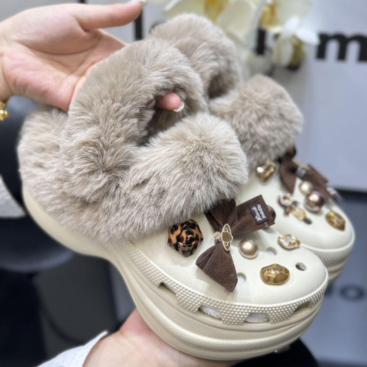 温暖毛绒内胆暖和洞洞鞋防滑软底洞洞鞋棉拖鞋可拆卸可拆洗毛棉套