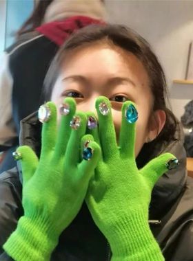 彩色钻石手套五指水钻DIY绿色带钻宝石分指镶钻土酷灭霸美甲手套