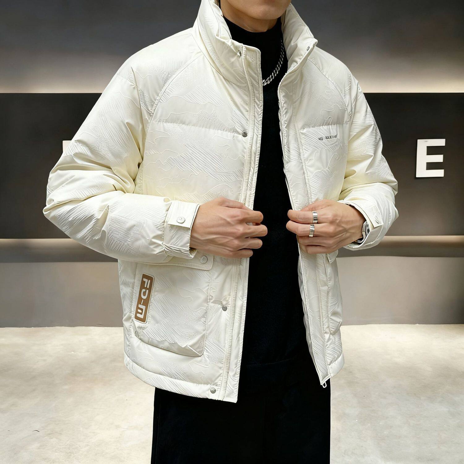 新款羽绒服冬季潮牌无帽立领潮流短款保暖加厚PU皮男士外套帅气