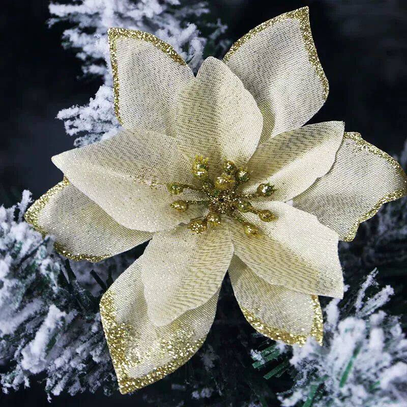 (10pcs/Pack) 13cm Artificial Christmas Tree Flowers Glitter