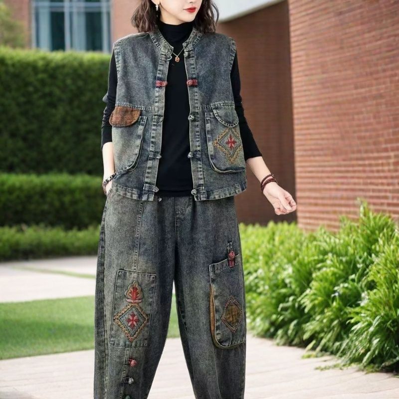 复古盘扣牛仔套装2025春夏季新款刺绣马甲哈伦裤两件套潮宽松显瘦