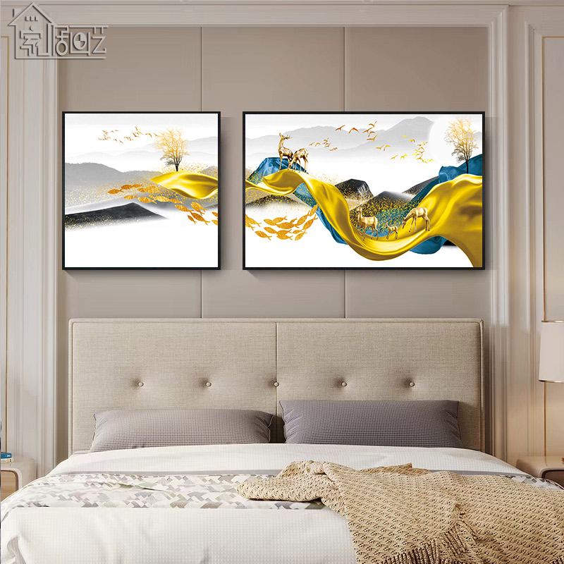 抽象线条卧室房间装饰画北欧挂画床头画横版客房壁画主卧横幅墙画