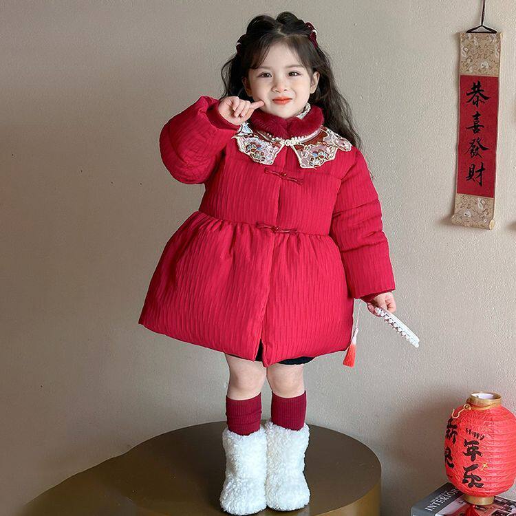 拜年服女童棉衣冬季儿童国风加绒加厚外套宝宝红色棉服喜庆过年服