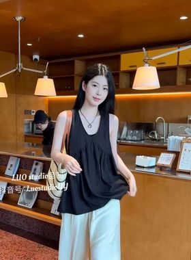 【LUO stuidio】超好看中长款黑色背心设计感小个子无袖V领上衣