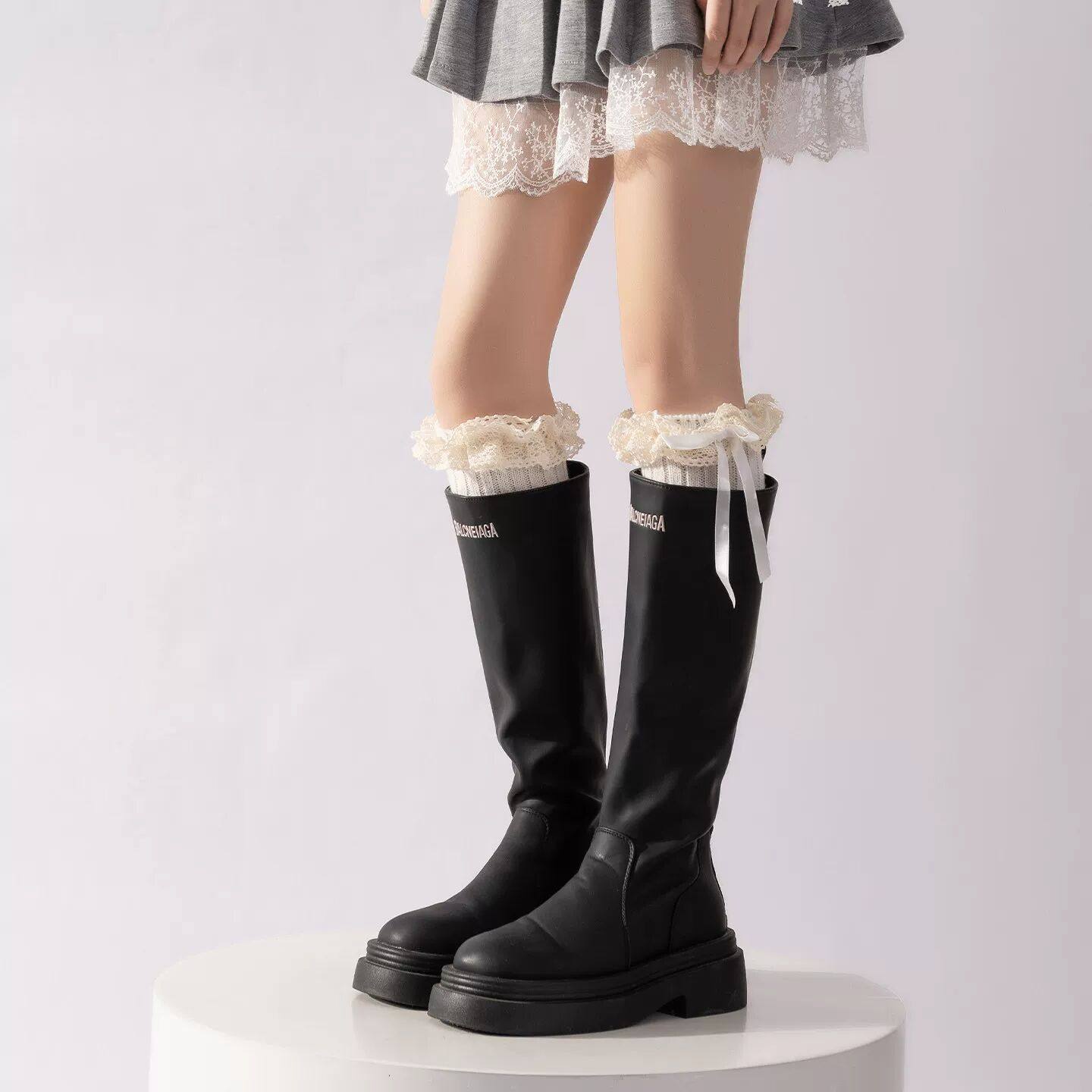 长筒袜配靴子春秋季白色蕾丝花边小腿袜芭蕾风丝带蝴蝶结泡泡袜套,女士内衣/男士内衣/家居服,长筒袜,淘宝优惠券,粉丝福利购,淘宝优惠卷