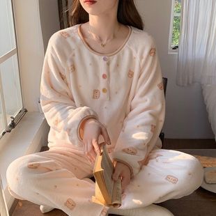 睡衣女冬季睡觉穿秋冬季卡通印花熊冬天加绒加厚法兰绒冬款家居服
