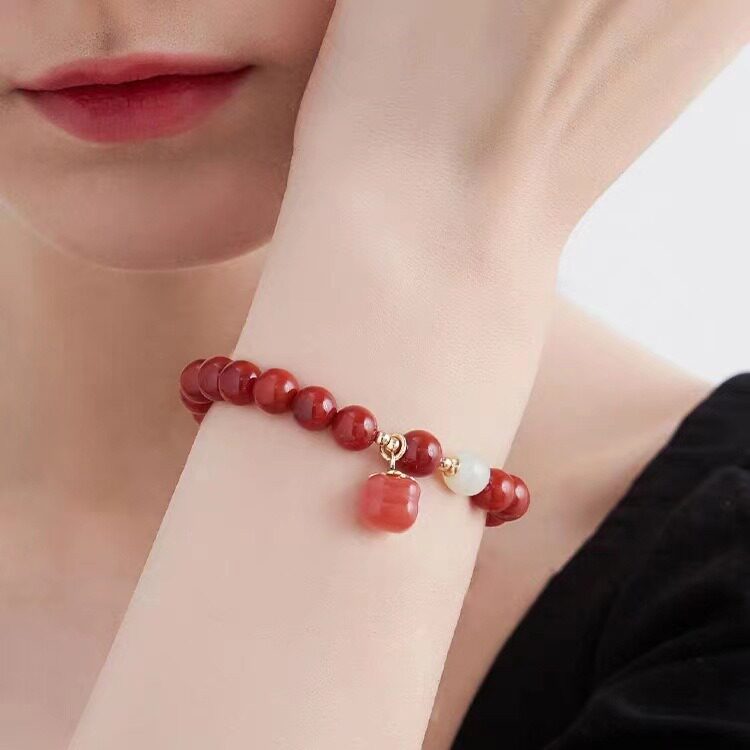 盐源玛瑙和田玉顶珠柿柿如意手链女款轻奢小众设计高级国风手饰品