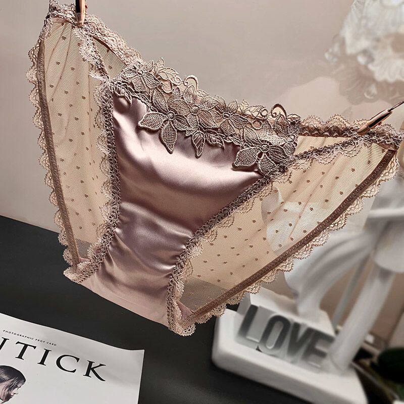 欧美性感时尚缎面蕾丝内裤女立体绣花镂空无痕透明诱惑女士三角裤