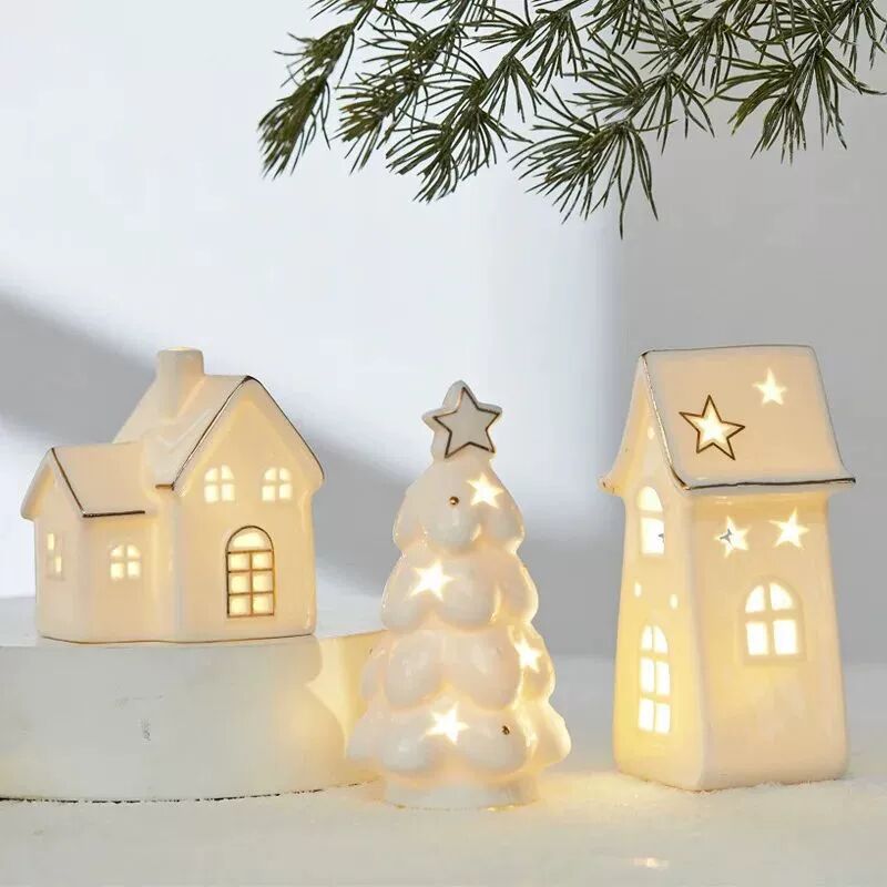 Christmas Ceramic Light Up Tree House Desktop Ornament Holid
