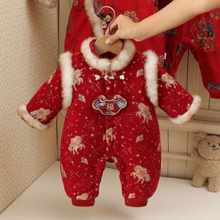 婴儿拜冬年服婴儿拜年服冬装保暖连体衣服女宝宝新年红色喜庆外出