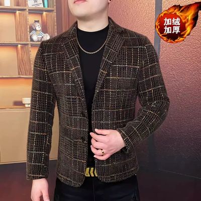 叶平男装工厂店花纱飞织加绒西装外套冬季时尚帅气休闲免烫冬加厚