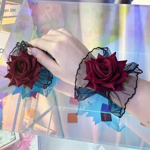 洛丽塔手腕花暗黑系玫瑰花红色手袖蕾丝花朵荷叶边手环女礼服袖套