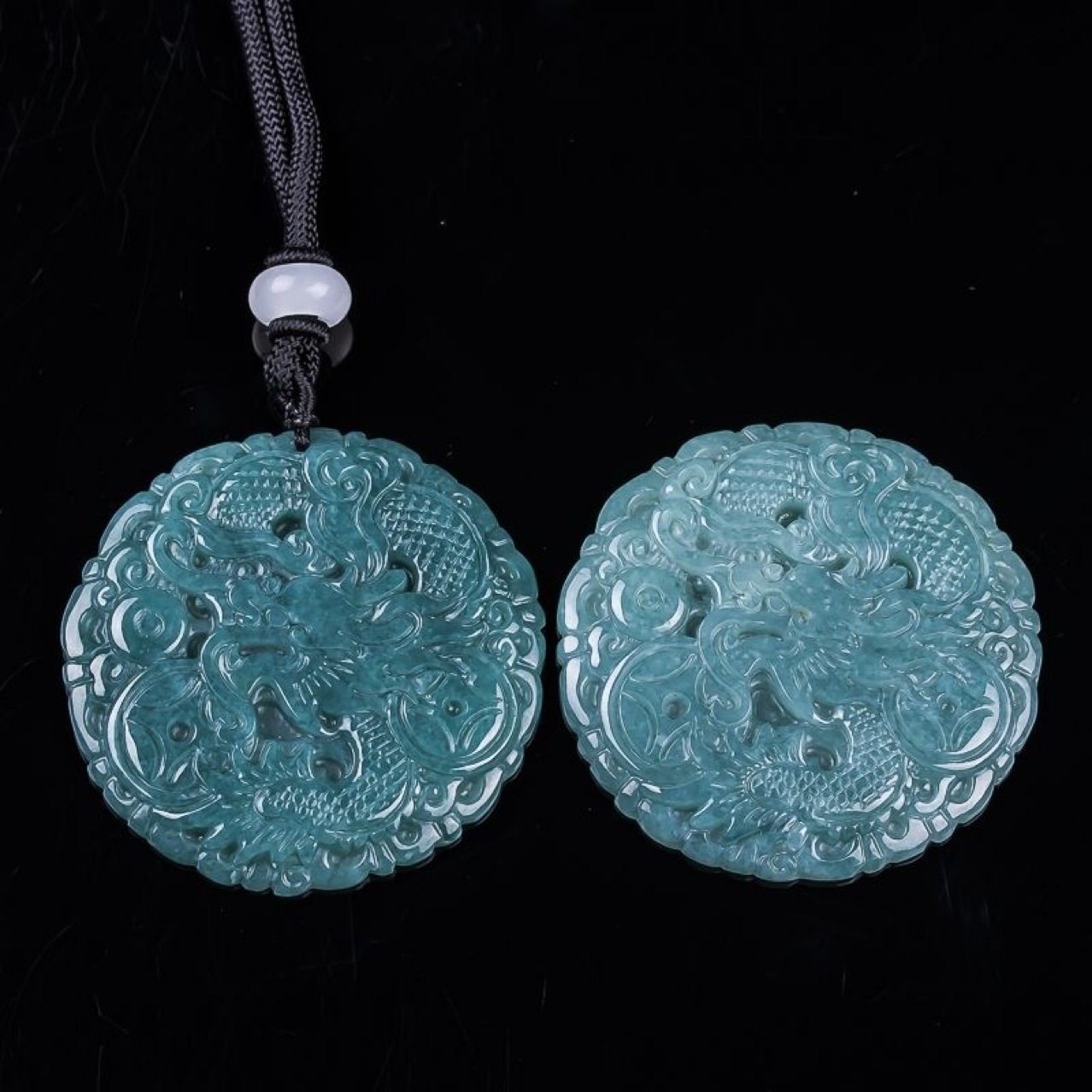 天然a货翡翠蓝水生意兴隆金钱龙牌生肖龙吊坠冰种玉石男女款