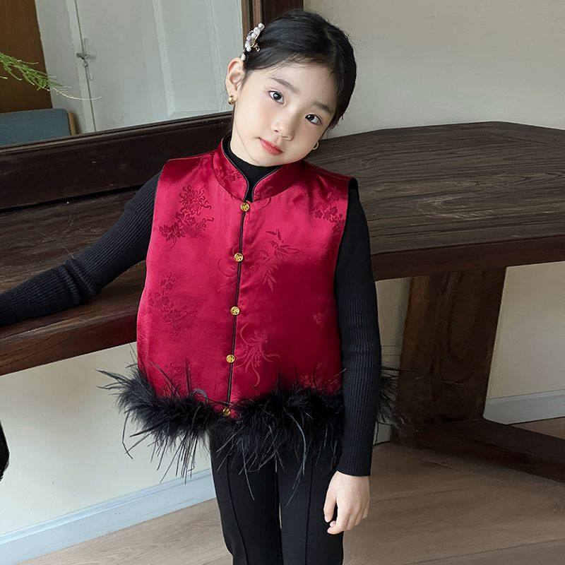 女童拜年服2026新中式女童醋酸提红色花马甲夹棉唐装背心过年衣服