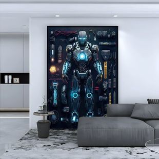 漫威电影钢铁侠挂画男孩房间卧室床头装饰画创意带灯玄关发光壁画