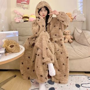 冬季 连帽圆点珊瑚绒加厚睡袍女加绒保暖高级感浴袍睡衣家居服睡裙