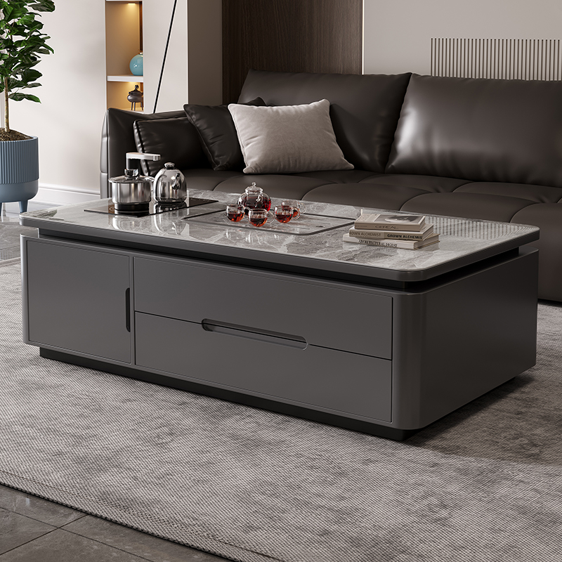 全友家居2024新款客厅茶几带烧水壶一体家用茶桌深灰色办公岩板泡