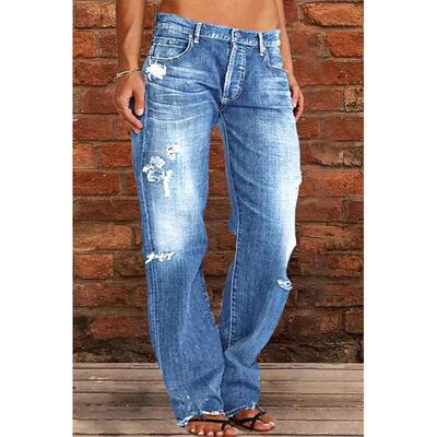 Women's Ripped Jeans Mid Rise Straight Leg Denim Jean Plus